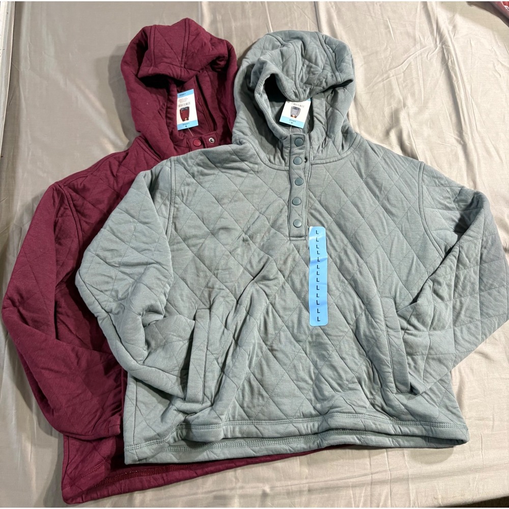 Lands End Womens Quilted Pullover Hoodie Snap Neck Blue Burgundy NWT L XL Lot 2